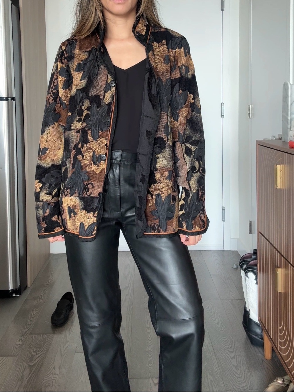 Vintage Reversible Tapestry Floral Jacket Black Brocade Mandarin Collar Large